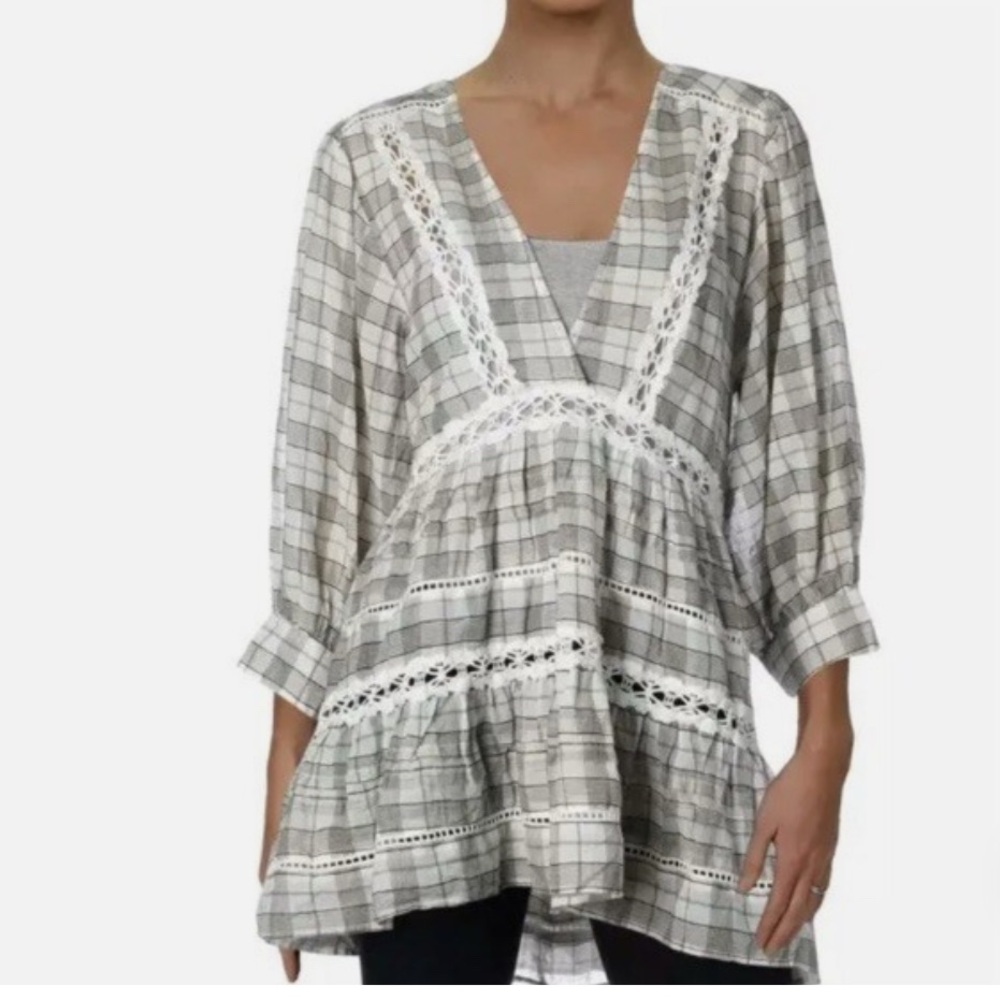 Free People Time Out Plaid eyelet Babydoll Hi Lo Tunic Top sz M Brown/White